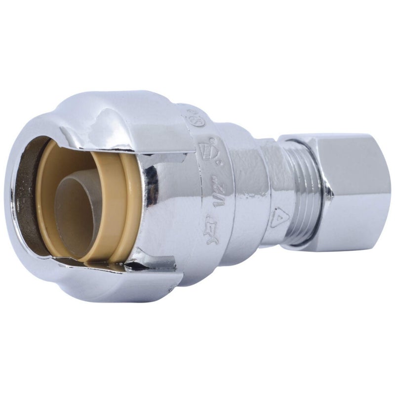 SharkBite 1/2 Inch (3/8 Inch OD) Barb Compression Adapter, Push To Connect Brass Plumbing Fitting, PEX Pipe, Copper, CPVC, PE-RT, HDPE, U637LFA - Image 1